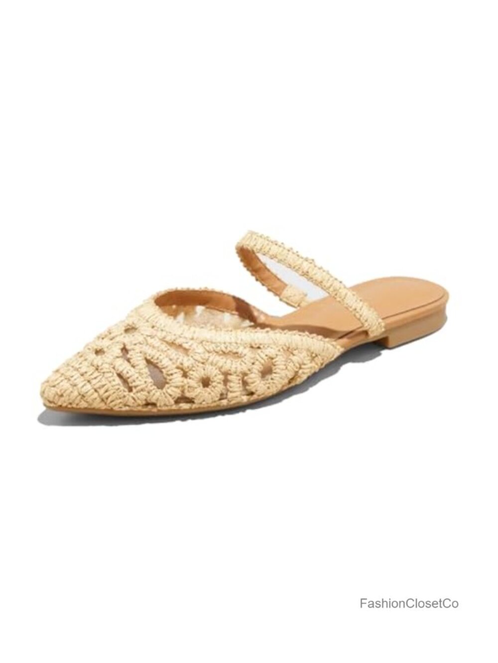 Women's Mesh Mules Raffia Woven Strap Pointed Toe Slip On Flats